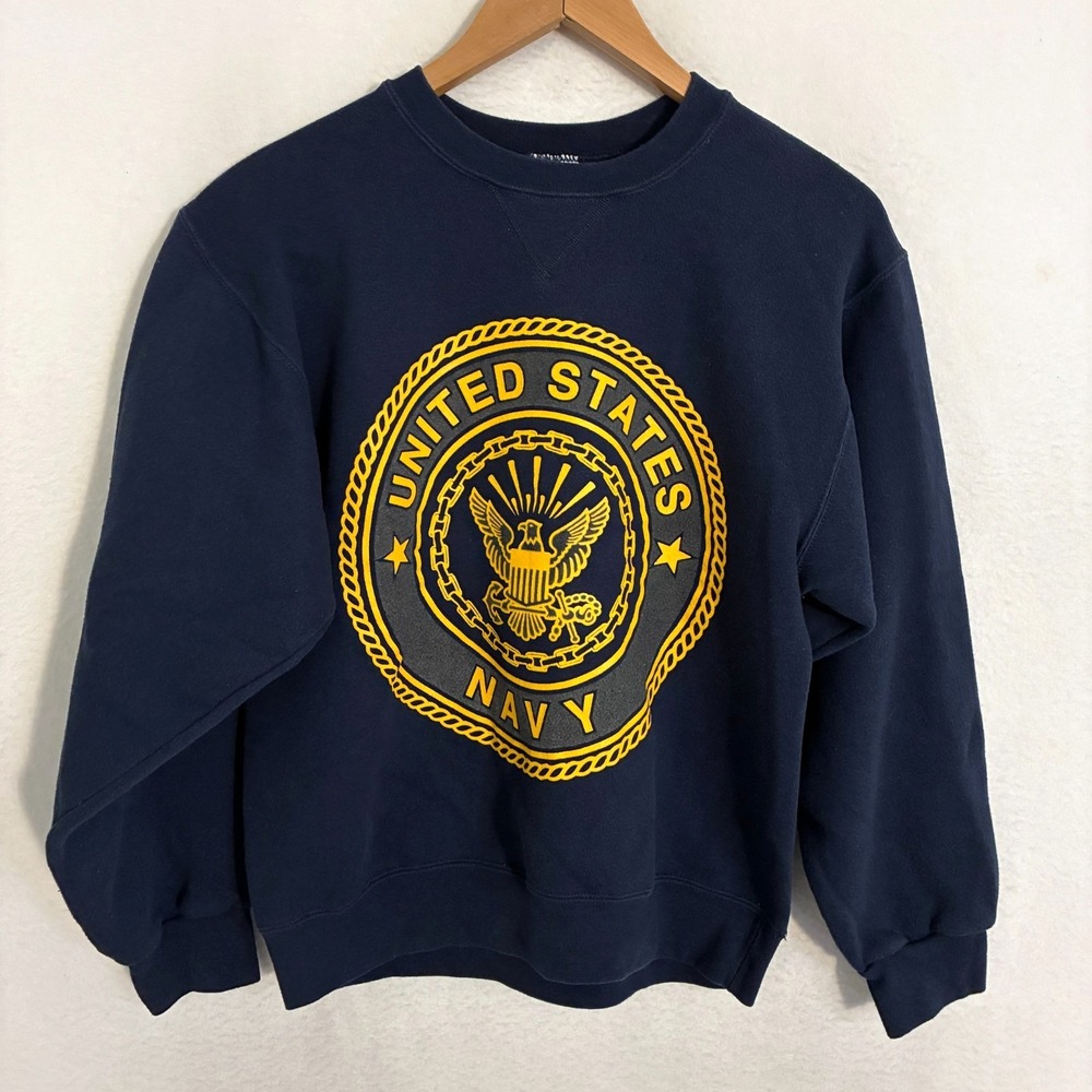 Vtg Soffe‎ Navy USA Made Sweatshirt Size Small Spellout Logo Sweater Pullover